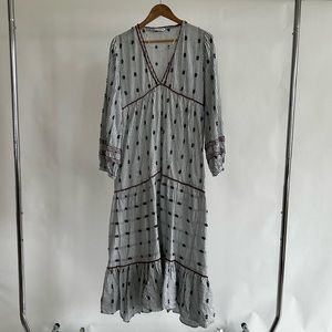 Zara Striped Tiered Embroidered Peasant Midi Dress